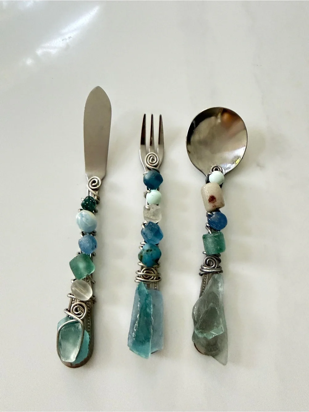 Choice Wire Wrapped stones Sea Glass 3pc Flatware Set Artisan Knife Fork Spoon⁠